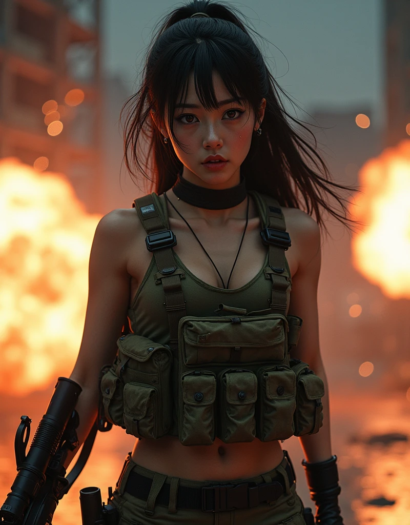 Photo-realistic, ultra-realistic, (very beautiful Japanese, famous Japanese idol:1.3), (Fully equipped for battle:1.5), large assault rifle on her back, (amazing view of multiple explosions:1), (painful impressions, crying:1.3), (wearing an army soldier's Camouflage outfits with military helmet:1.5), (Being blown away by the massive blast:1.5), (at a battle field of Abandoned Building at night), very large breasts, (tactical vest, military harness:1.3), (military long boots:1), dynamic angle, spectacular, (injured:1.3), (muddied, damaged wears, damaged body:1.3),