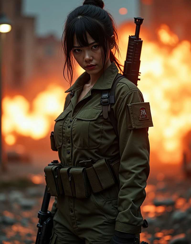 Photo-realistic, ultra-realistic, (very beautiful Japanese, famous Japanese idol:1.3), (Fully equipped for battle:1.5), large assault rifle on her back, (amazing view of multiple explosions:1), (painful impressions, crying:1.3), (wearing an army soldier's Camouflage outfits with military helmet:1.5), (Being blown away by the massive blast:1.5), (at a battle field of Abandoned Building at night), very large breasts, (tactical vest, military harness:1.3), (military long boots:1), dynamic angle, spectacular, (injured:1.3), (muddied, damaged wears, damaged body:1.3),