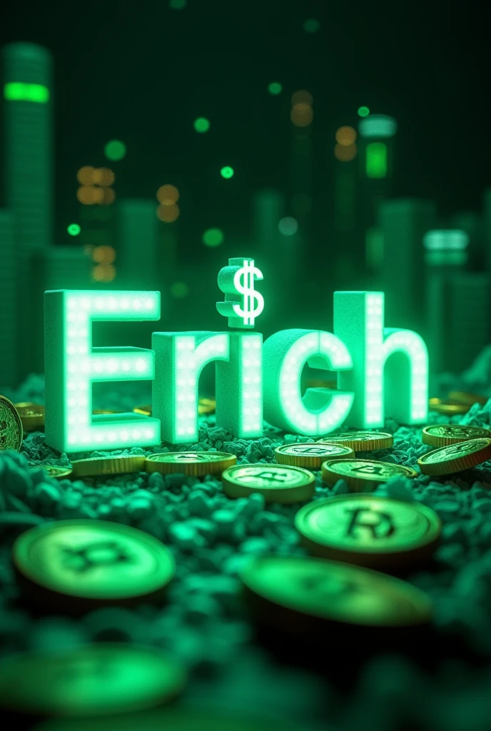 ERICH WITH A MONEY SIGN NEXT TO IT SPELLED WITH A GREEN GLOW WITH MONEY AND BITCOIN AROUND IT