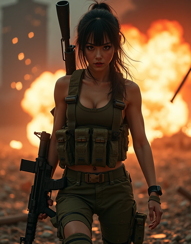 Photo-realistic, ultra-realistic, (very beautiful Japanese, famous Japanese idol:1.3), (Fully equipped for battle:1.5), large assault rifle on her back, (amazing view of multiple explosions:1), (painful impressions, crying:1.3), (wearing an army soldier's Camouflage outfits with military helmet:1.5), (Being blown away by the massive blast:1.5), (at a battle field of Abandoned Building at night), very large breasts, (tactical vest, military harness:1.3), (military long boots:1), dynamic angle, spectacular, (injured:1.3), (muddied, damaged wears, damaged body:1.3),