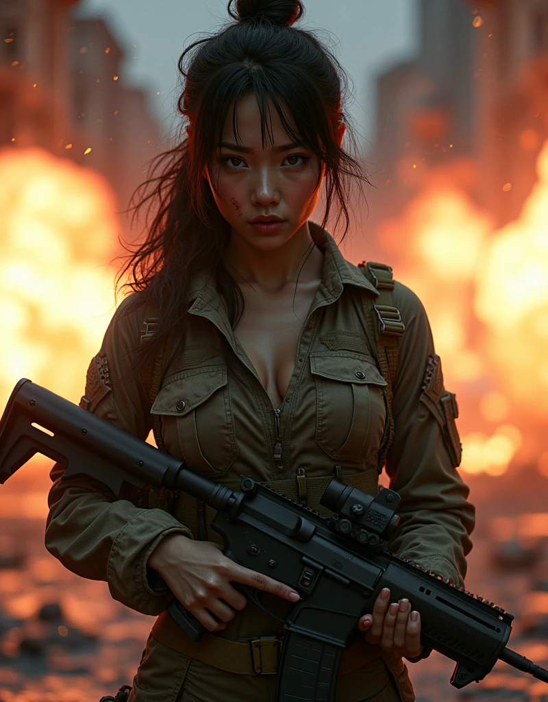 Photo-realistic, ultra-realistic, (very beautiful Japanese, famous Japanese idol:1.3), (Fully equipped for battle:1.5), large assault rifle on her back, (amazing view of multiple explosions:1), (painful impressions, crying:1.3), (wearing an army soldier's Camouflage outfits with military helmet:1.5), (Being blown away by the massive blast:1.5), (at a battle field of Abandoned Building at night), very large breasts, (tactical vest, military harness:1.3), (military long boots:1), dynamic angle, spectacular, (injured:1.3), (muddied, damaged wears, damaged body:1.3),