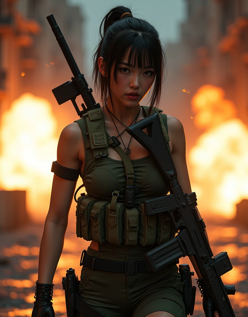 Photo-realistic, ultra-realistic, (very beautiful Japanese, famous Japanese idol:1.3), (Fully equipped for battle:1.5), large assault rifle on her back, (amazing view of multiple explosions:1), (painful impressions, crying:1.3), (wearing an army soldier's Camouflage outfits with military helmet:1.5), (Being blown away by the massive blast:1.5), (at a battle field of Abandoned Building at night), very large breasts, (tactical vest, military harness:1.3), (military long boots:1), dynamic angle, spectacular, (injured:1.3), (muddied, damaged wears, damaged body:1.3),
