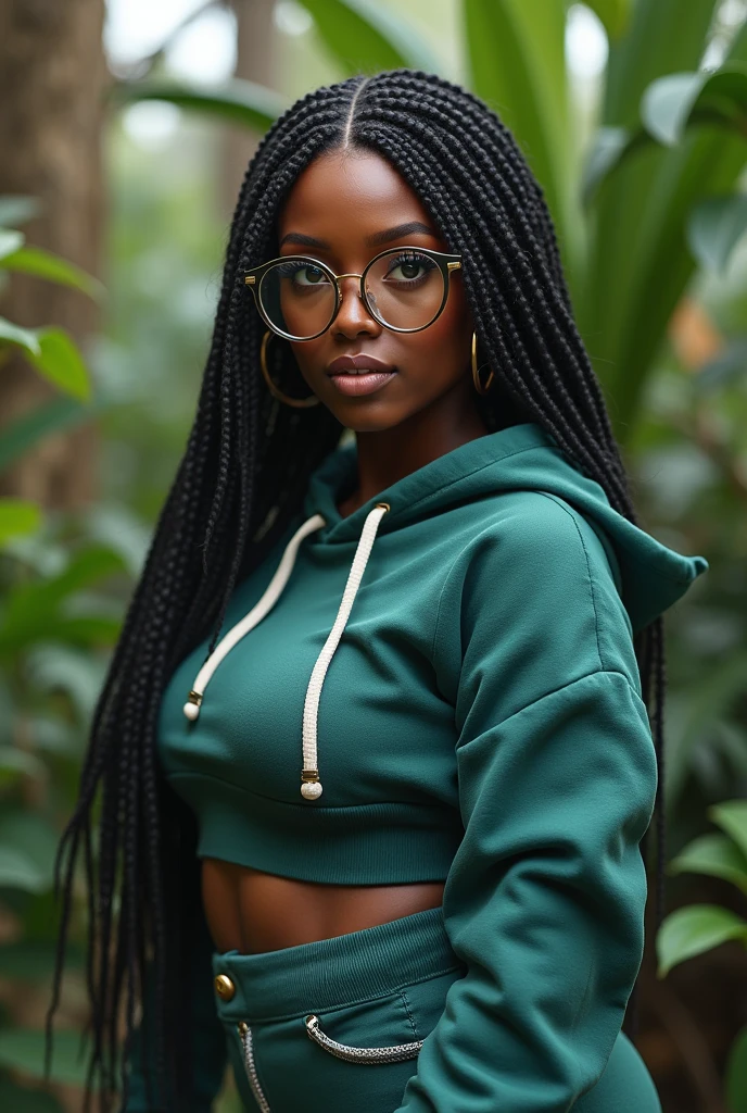 (photorealism:1.2), beautiful Kenyan woman,22 years, beautiful eyes,sharp boobs, smiling,long dreadlocks,black oversized glasses with light grey lenses, standing , realistic details, nature shot.cardi b inspiration