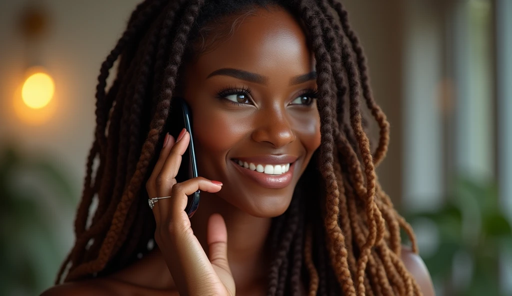 A stunningly beautiful dark skinned African American woman with long brown dreadlocks with highlights on the ends in talking on her Samsung S34 mobile phone, smiling whilst looking sexy & sensual, realistic, photorealistic