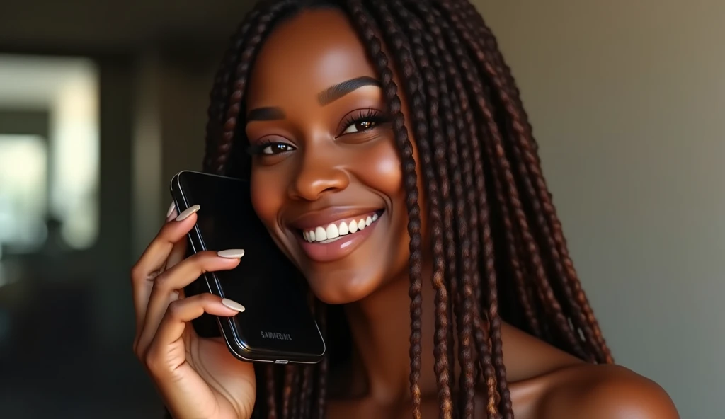A stunningly beautiful dark skinned African American woman with long brown dreadlocks with highlights on the ends in talking on her Samsung S34 mobile phone, smiling whilst looking sexy & sensual, realistic, photorealistic