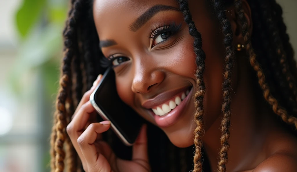 A stunningly beautiful dark skinned African American woman with long brown dreadlocks with highlights on the ends in talking on her Samsung S34 mobile phone, smiling whilst looking sexy & sensual, realistic, photorealistic