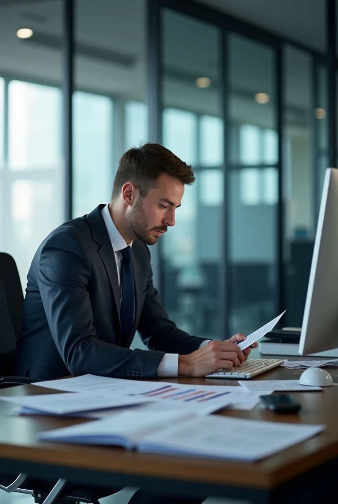 businessman in a company with paperwork and computer