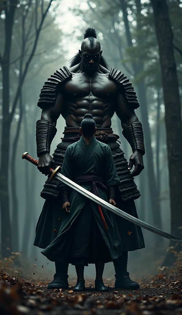 Close-up shot, Low angle shot, (Yasuke “A towering African man over six feet tall, with a muscular build and dark, glistening skin”, in full battle gear, stands protectively in front of Oda Nobunaga “Japan’s most powerful warlords”, during an ambush. His katana is drawn, the blade gleaming in the dim light, as he faces off against a group of attackers. His expression is fierce and unyielding, his muscles tense with readiness. Nobunaga, dressed in a ceremonial kimono, stands behind Yasuke, his face calm but alert, trusting in Yasuke’s ability to protect him. The background is a dark forest, with tall trees casting long shadows and the sound of distant battle cries echoing through the night. Yasuke’s presence is a wall of strength, his every move precise and deadly as he defends his lord with unwavering loyalty.) unreal engine, cinematic, hyper-real, highly detailed, Ultra realistic HD --q 2 --v 6.1 --ar 9:16  