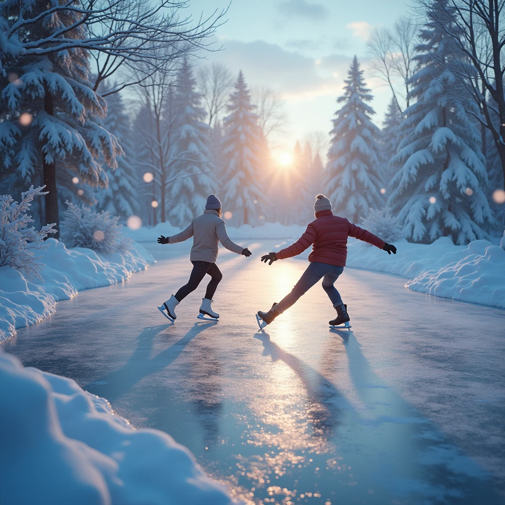 beautiful detailed winter landscape, snow covered ice rink, elegant ice skaters performing graceful moves, magical light particles sparkling in the air, (best quality,8k,highres,masterpiece:1.2),ultra-detailed,(realistic,photorealistic,photo-realistic:1.37),intricate details,dramatic lighting,cinematic composition,vibrant colors,stunning winter scenery