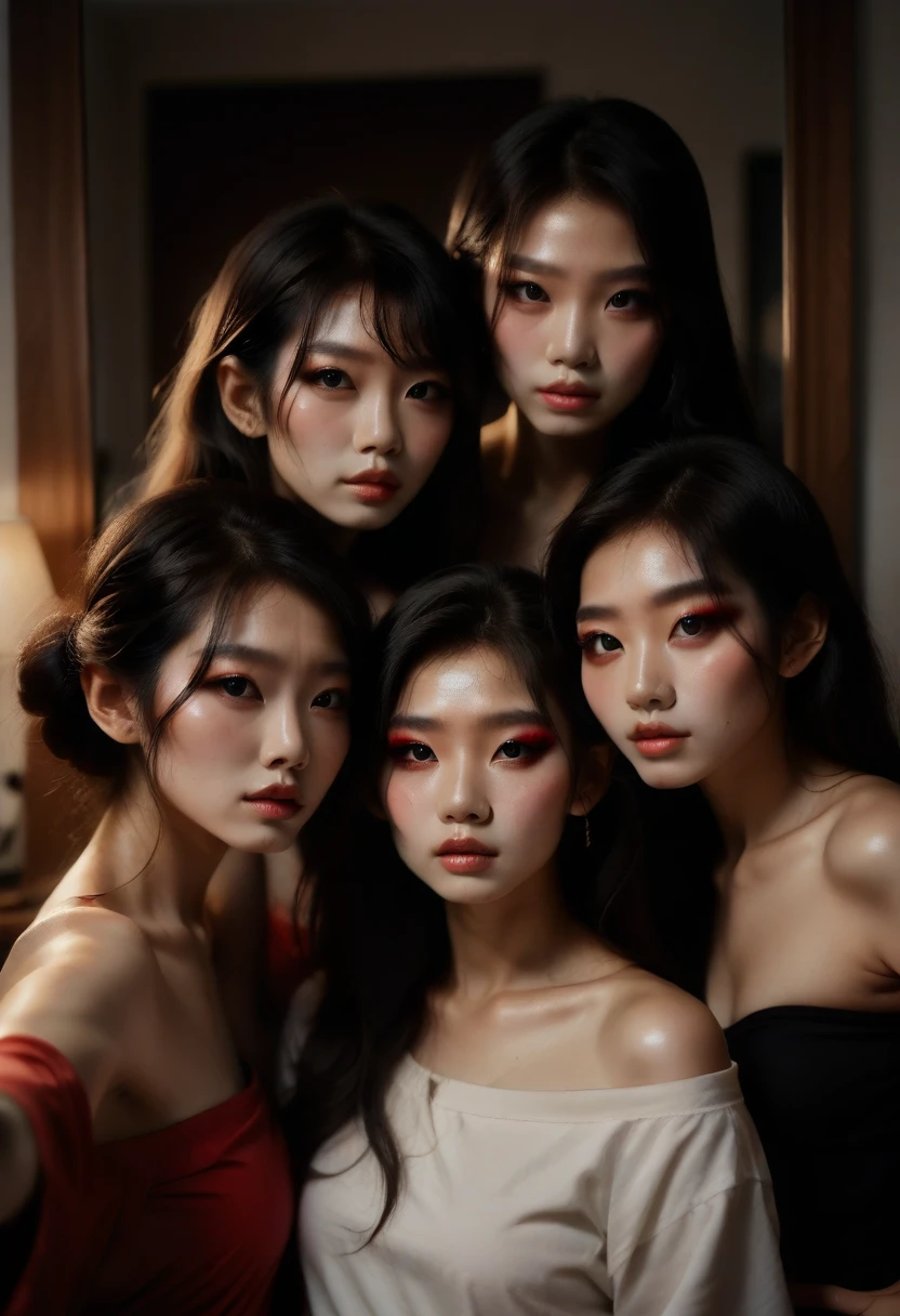 Three Asian women pose in a room for a photo, ulzzang, 3 sisters looking in the mirror, 8K)), popular korean makeup, profile picture, beautiful girl, 8K selfie photo, cute - fine - face, popular korean makeup, Xision Wu, cute girl, korean girl, avatar profile picture, sakimichan, very high quality, super realistic realism, super refinement, high quality, 8k resolution, diverse style, bare shoulders without showing chest,