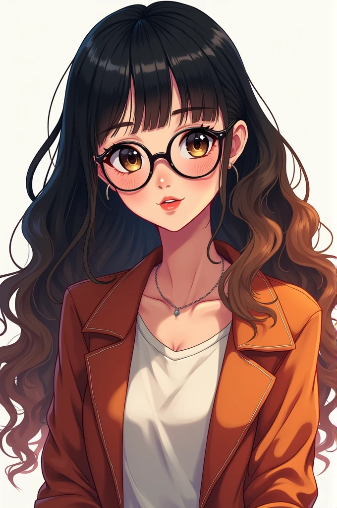 Create an anime style image of a girl with long curly hair, black with brown tips and a straight fringe. His eyes are large and dark with a lively sparkle..thick lips . She has an oval face with prominent cheekbones.. Wear a modern and youthful outfit. He wears glasses