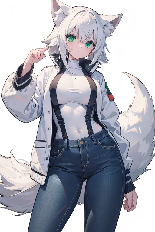 Highest quality, 4K, masterpiece, art, anthropomorphic white fox, not human, Not a man, not human face, Correct Anatomy, Correct finger, white wool, white clothes, jeans (white), Jacket (white), fursona art, Incredibly large breasts (Covered), simple white background, white white, Green Eyes, Cunning look