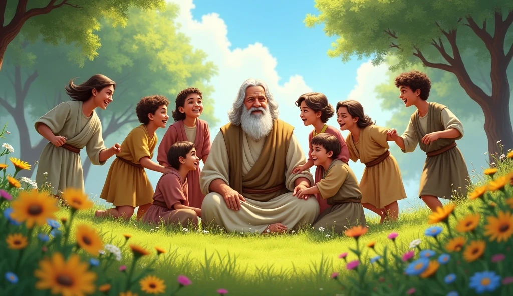 "Create an image of Job, an old white bearded man surrounded by his 7 young sons and 3 daughters in a sunny and cheerful environment. Show Job sitting or standing in the center, with an expression of happiness and gratitude, while your sons and daughters, of various ages, play and interact around you. The setting should be a green and flowery field, with trees in the background and a clear sky, symbolizing the renewal and blessings that God granted to Job." realistic landscape