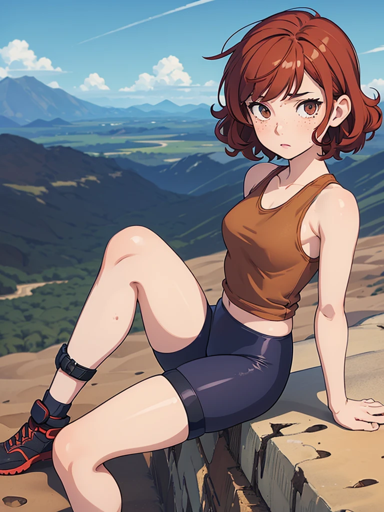 (masterpiece), (best quality), ((one girl)),alone, red hair,((brown eyes)),short curly hair, anime style, freckles, (small breast) (petite figure), navy blue tank top, black leggings, knee pads, legs((desert background))