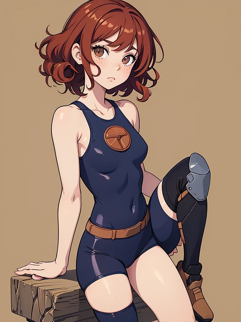 (masterpiece), (best quality), ((one girl)),alone, red hair,((brown eyes)),short curly hair, anime style, freckles, (small breast) (petite figure), navy blue tank top, black leggings, knee pads, legs((desert background))