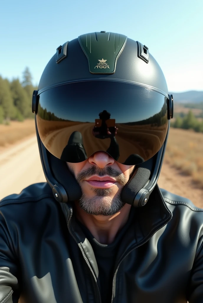 (photorealism:1.2), A selfie of a burly man wearing a black full-face motorcycle helmet with dark green details,polarized visor.. The scene takes place outdoors, in natural daylight, with an open landscape in the background showing distant trees and hills, dirt road,Black leather jacket with mao collar