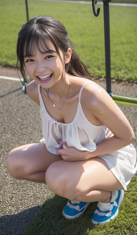 Beautiful woman looking at camera、detailed photo、 person、(Slimed、small tit、flat 、small exy  pose:1.2、Wet body、sodden、sexy  pose、Wet body、sodden、A slender、From  above、Delicate and sexy collarbone、1 woman、toru & Field Athlete、（white Sport Mini Dress）、Painted from head to knee、Show your teeth and laugh out loud、playground