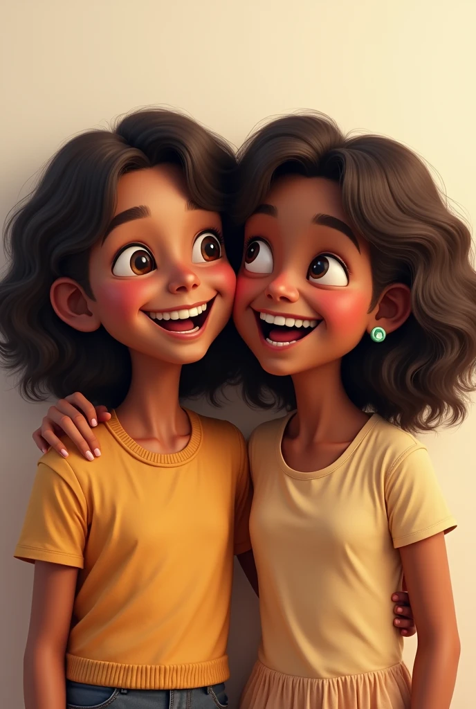 Image of two twins realistic panel. a girl and a boy, They have wavy hair and dark skin. Both appear together in a happy atmosphere