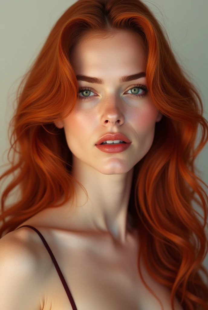 Create an image of a woman with features similar to Scarlett Johansson. She has long, wavy, red hair cascading down her shoulders. Her facial features include high cheekbones, full lips, and expressive, almond-shaped eyes. The woman exudes confidence and elegance, with a soft and neutral background that emphasizes her striking appearance
