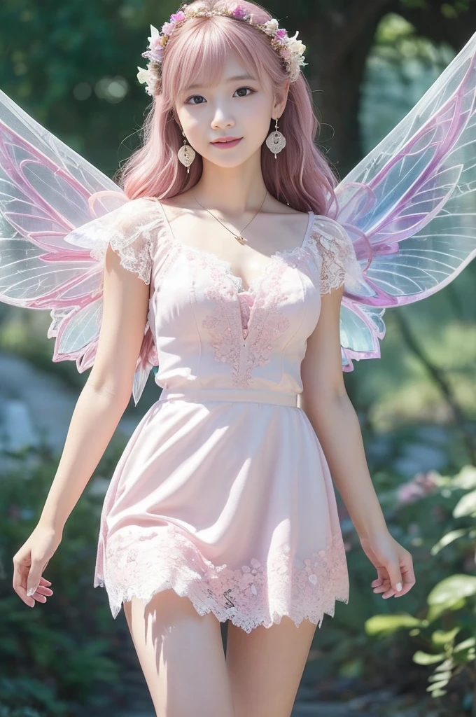 (((masterpiece))), ((photo realistic:1.5)), (full body:1.3), ((one cute young japanese fairy)), (flat chest:1.3), 12 Talents, Fantasy, (broad jawline:1.5), puffy face,no makeup, (pale pink hair:1.1), (Ankle-length hair:1.3), (messy hair:1.3), (15cm tall fairy:1.1), shy smile, (Very light pink and white:1.2), (Tight-fitting fairy dress with lace:1.2), (fairy mini lace skirt:1.22),Transparent fairy wings, (earrings), necklace, wide view from bottom