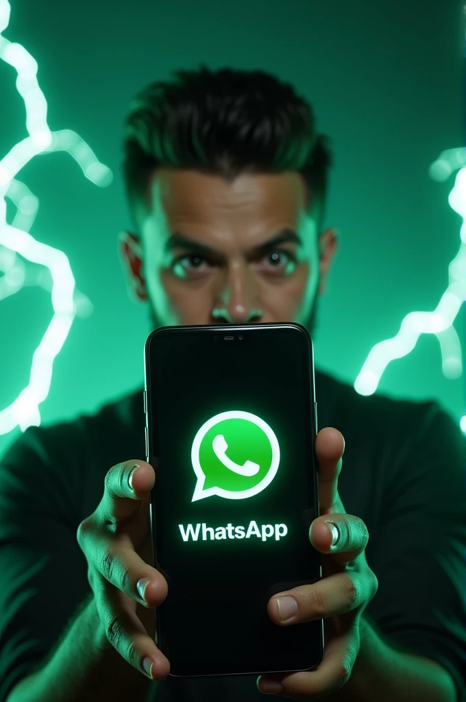 A shocked man holding a smartphone displaying a WhatsApp chat settings screen. The phone's screen shows a yellow warning triangle icon over the settings menu. The text beside him reads 'Top 10 Update 2024' in bold letters with a green WhatsApp logo next to it. The background has electric streaks and a glowing green theme, emphasizing the excitement around the update."
Let me know if you need any adjustments!