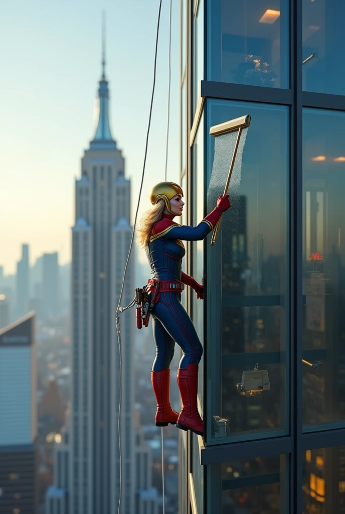 hình ảnh thực tế, siêu anh hùng marvel, captain marvel làm nhân viên lau kính trên một tòa nhà cao tầng, đội mũ màu vàng, tay cầm chổi lau
