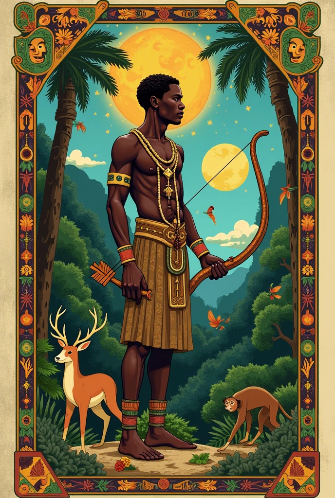 ## Paths of Odé: A Visual Journey with Oxóssi To create an image that represents the "Paths of Odé" focusing on Oxóssi, we can use a combination of elements that evoke strength, the wisdom and connection with nature of the Orixá, incorporating Afro-Brazilian symbols and influences from African calligraphy.
**Elementos visuais:**
* **Oxóssi:** Depicted as an imposing hunter, with bow and arrow, but also with traces of serenity and wisdom.
* **Sheets:** Sheets de árvores como a gameleira, brazilwood, and the genipap, symbolizing the connection with nature and life force.
* **animals:** The presence of animals such as deer, the monkey and the bird, representing Brazilian fauna and the connection with the animal kingdom.
* **Elements of nature:** The image may include elements such as the sun, the moon, As estrelas, rivers, Water Falls, mountainscape, symbolizing the strength of nature and the connection with the cosmos.
* **African Calligraphy:** African calligraphy can be used to create patterns and textures that represent Afro-Brazilian ancestry and culture..
* **colors:** Earthy tones, greens, blues and golds evoke nature, the strength and spirituality.
**Composition:**
* The image can be composed of a timeline, representing the "Paths of Odé", with each stage marked by a symbol or icon related to Oxóssi.
* The image can be organized into layers, with Oxóssi in the center, surrounded by the elements of nature and Afro-Brazilian symbols.
* African calligraphy can be used to create a frame or background for the image., adding a touch of ancestry and culture.
**values:**
* **Strength and Wisdom:** The image must convey the strength and wisdom of Oxóssi, as a guide and protector.
* **Connection with nature:** The image should highlight Oxóssi's deep connection with nature, showing its harmony with the natural world.
* **Ancestry and Culture:** The image must incorporate elements of Afro-Brazilian culture,
