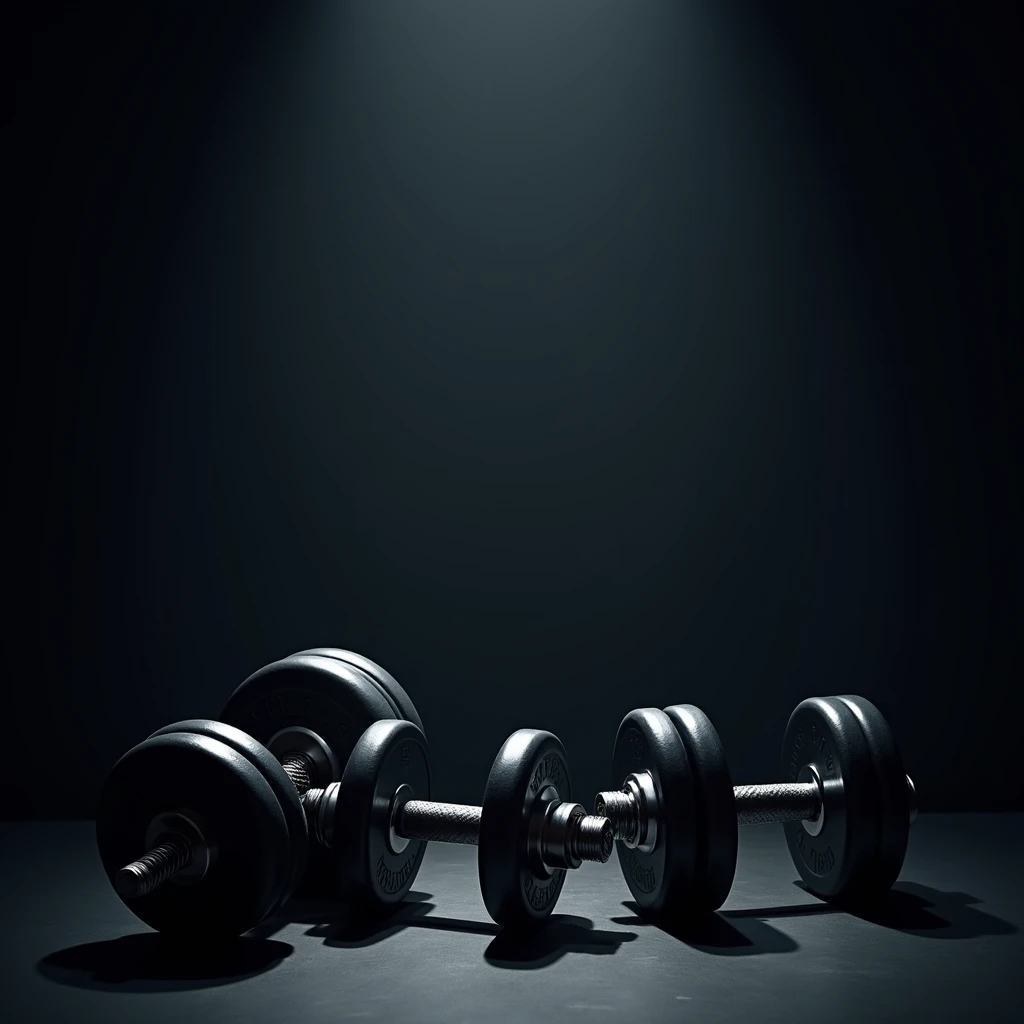 make a standard clean background template for my informational content , create a dark and challenging understated environment in the photo involving weights and dumbbells