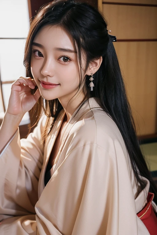 (2 pure Japanese girl,), (Small breasts:1.5,),(solo,,Textured skin, Detailed skin,Detailed face,Detailed eyes,detailed posing,Natural eyebrows,Sparkling Eyes,High detail, Highest quality, Super detailed, Surrealism, ,8k,RAW Photos,Photographicism,Professional Lighting,Ray Tracing,Portrait Photography,Soft Light),(((Black Hair, Natural Makeup,Simple earrings, Tying up hair, smile))),(((Long-sleeved kimono,kimono,Japanese-style room,Collapsed Seiza,On the tatami)))