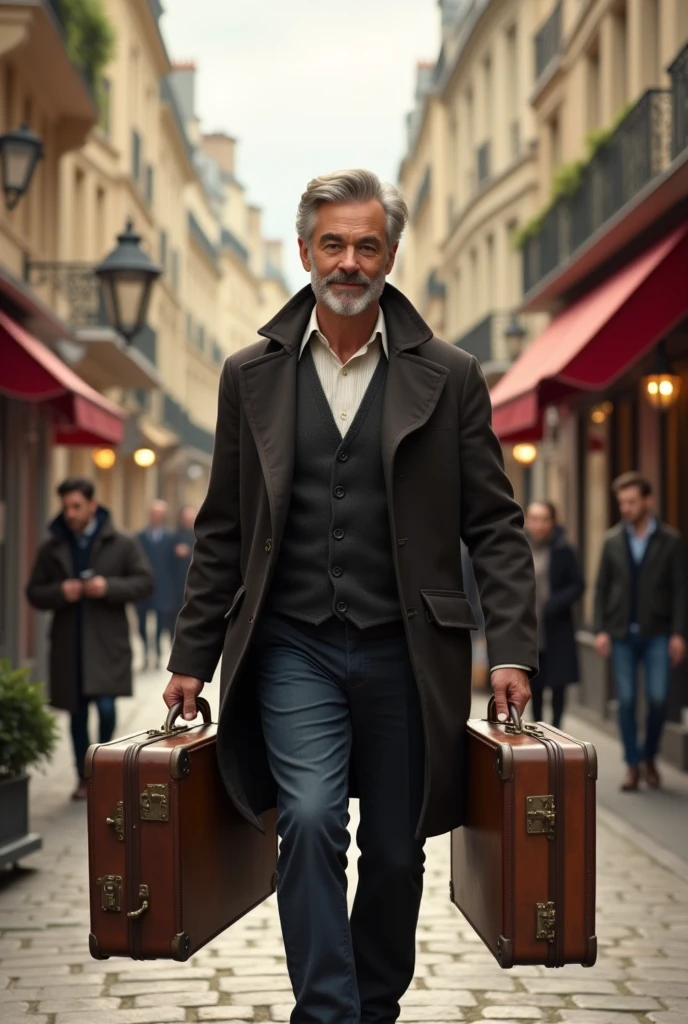 young handsome old parisian with suitcases