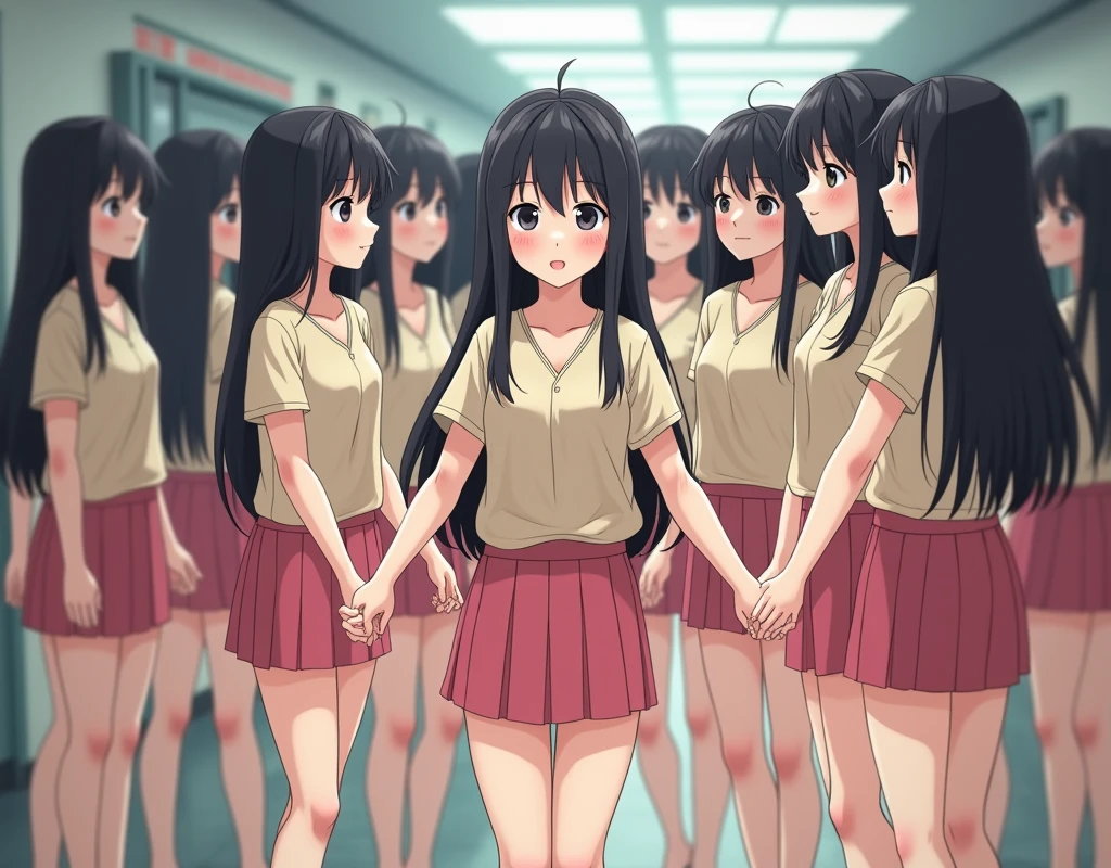 (((((Japanese Clone-girls=Myself))))), (((Super Best Perfect Clone-girls Raw Photography Art))), (((16K, Highest quality, Ultra-high resolution, Real Photography, RAW quality))), (((It's so unrealistic., An astonishing world view, With an unfathomable sight, In an out-of-this-world situation, In a world where Myself Clone-girls are multiplying in large numbers, Ultra-realistic, Delusion))), (((Japanese Girls, hashimoto-kanna, 17yo, Small face, Thick black hair, Semi-long hair, Dark Eyes, Mature face, Cute Smile, Smiling face, A gentle gaze, (((Very happy laughter)))))), (((Very beautiful detailed girls, Accurate body structure, Accurate body movements, Very detailed body, (((Big Breasts, J-Cup)))))), (((Summer Girls' School Uniform, Beige short-sleeved shirt, I can see the cleavage, Big Breasts強調, Pink mini skirt))), ((((((((Very detailed, Myself cloning, Depiction of splitting oneself, 1Myself girl-cloning-1,000,000,000,000,000,000,000,000,000,000Myself clone-girls)))))))), (((((((Very detailed, Myself clone-girls, To the exact, Flawless, The same person portrayal, (((MyselfとFlawless同じ女体, MyselfとFlawless同じ顔, MyselfとFlawless同じ髪形, MyselfとFlawless同じ服, MyselfとFlawless同じ背丈, MyselfとFlawless同じJ-Cup)))))))))), (((((Myself clone-girls only))))), (((((1,000,000,000,000,000,000,000,000,000,000Myself clone-girls))))), (((Very detailed, Extremely crowded, Body-to-body contact with no gaps))), (Bright and soft lighting), (((((Clear and accurate perspective depiction, super wide view, Ultra-wide field of view, Focus on the average value of the image))))), (((((Very detailed depiction, More than a few thousand Myselves, Physical contact, Pleasant conversation, Holding hands, Hug))))), School building, classroom, corridor, Lounge, Atrium Hall, spiral stage, Elevator, gym, School Assembly, after school