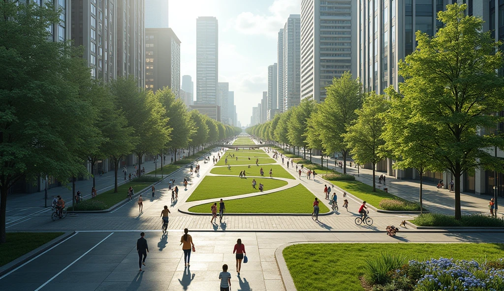 A busy city street transitioning to a calm park.