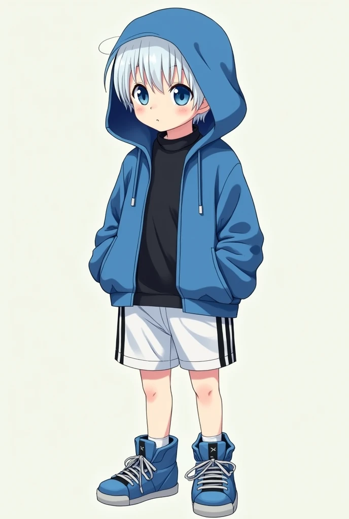 (anime)A beautiful white-skinned child, White hair, and blue eyes.
He is wearing a blue hooded jacket, and underneath a black shirt.
He has white shorts with two vertical black stripes on the sides., and he has blue tennis shoes with a black x on them.