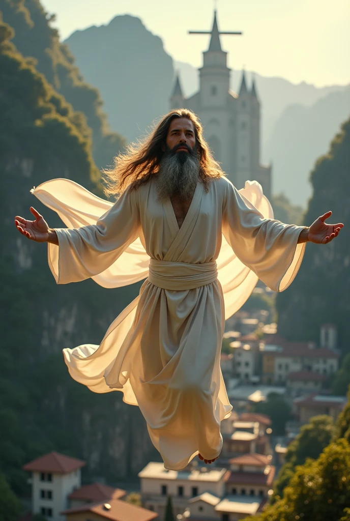 Create the image of a superhero with long hair and a long beard, with simple white robes, while flying over the city of Bom Jesus da Lapa in Bahia and in the background you can see the famous church in the city's cave