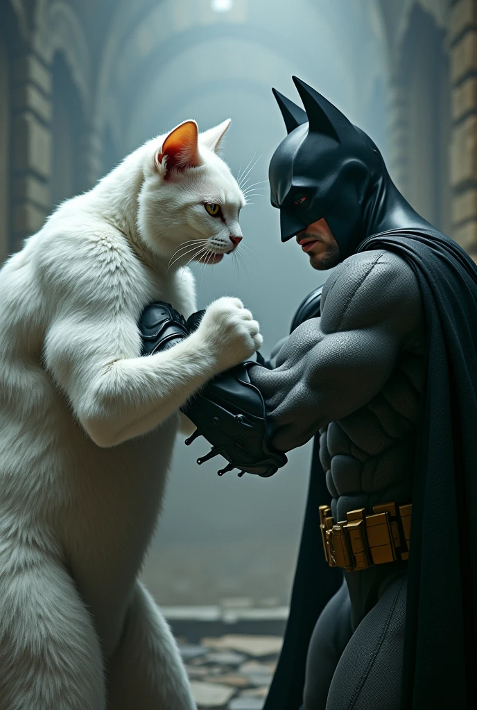 White super cat and Batman arm wrestling narciuy realistic