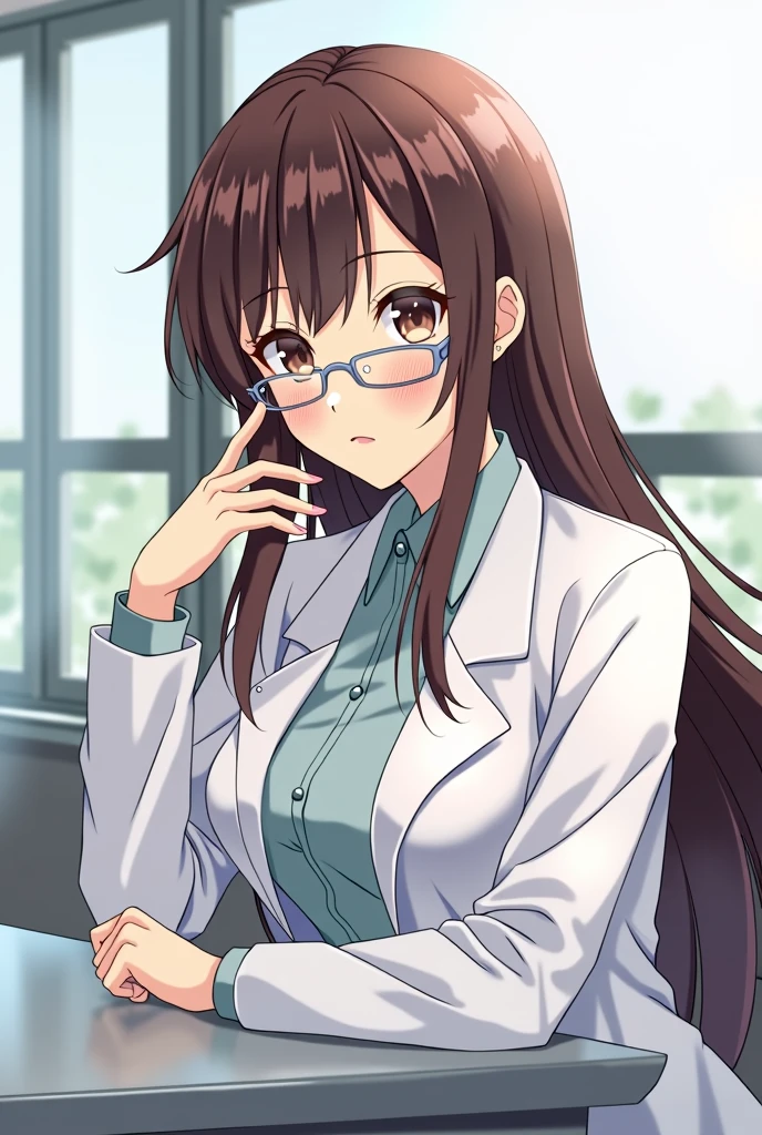 anime character of a woman in a lab coat and glasses, (hair swept bangs:1.3), (long brown hair:1.3), sitting beside a window with table, with a lab coat, wearing lab coat and a blouse, doctor, wearing a labcoat, full body illustration, anime style, from girls frontline, fine details. girls frontline, girls frontline universe, girls frontline style, girls frontline, girls frontline cg, soft anime illustration, 2 0 2 2 anime style, 2022 anime style, pixiv contest winner, pretty anime character design, render of april