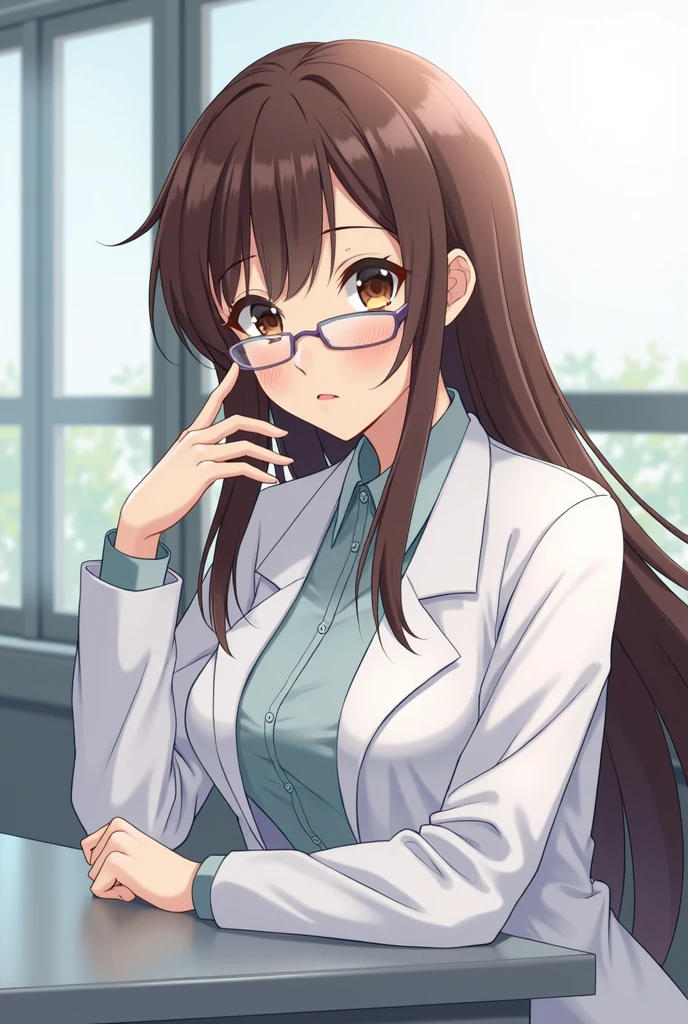 anime character of a woman in a lab coat and glasses, (hair swept bangs:1.3), (long brown hair:1.3), sitting beside a window with table, with a lab coat, wearing lab coat and a blouse, doctor, wearing a labcoat, full body illustration, anime style, from girls frontline, fine details. girls frontline, girls frontline universe, girls frontline style, girls frontline, girls frontline cg, soft anime illustration, 2 0 2 2 anime style, 2022 anime style, pixiv contest winner, pretty anime character design, render of april
