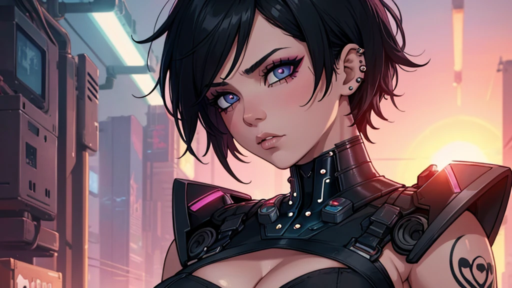 Punk woman with tattoos and minimal piercing. (Show cleavage without undergarment). No emotions. (Very detailed eyes). ((Closeup)) Minimal make up. (Cyberpunk background sunset). Black short hair.