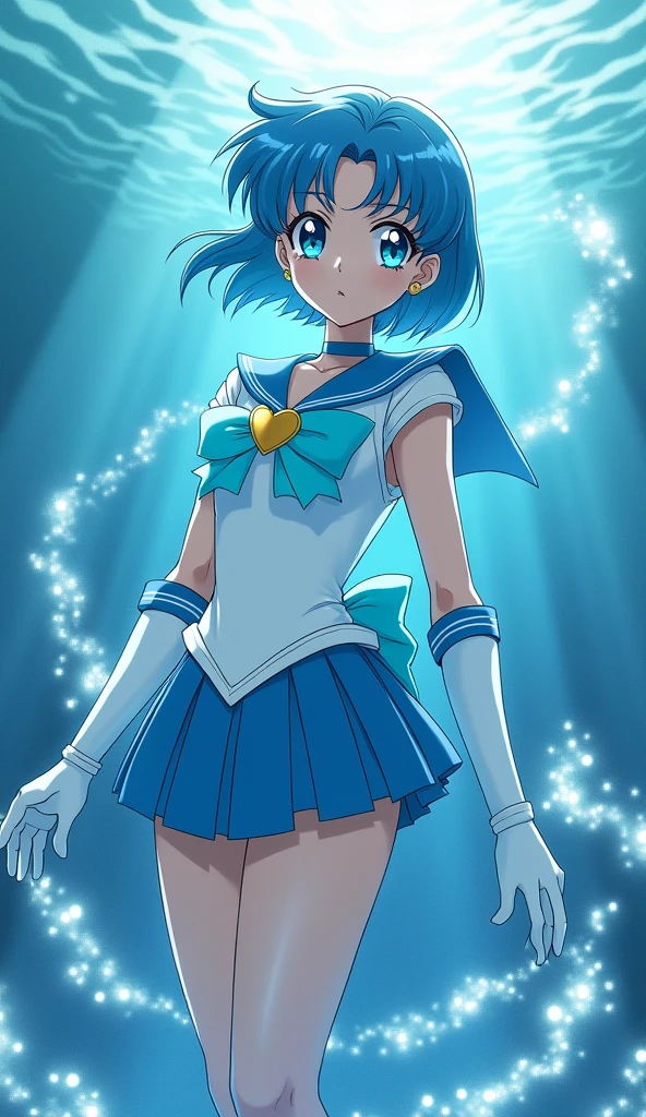 "Generate an image of Ami Mizuno from Sailor Moon in her Super Sailor Mercury form. She should be standing confidently, with her short blue hair styled in a sleek bob. Her outfit is a white sailor-style uniform with a blue collar, a light blue bow on her chest with a golden heart-shaped brooch, and a pleated skirt. She wears knee-high blue boots and white gloves with blue accents. She should be holding her Aqua ,(wind lift upskirt :1.6), with water elements swirling around her. The background should be an underwater scene, with shimmering light filtering through, creating a calm and serene atmosphere.", high quality, (RAW photo, best quality), (realistic, photorealistic: 1.4), (extremely delicate and beautiful: 1.4), amazing, fine details, masterpiece, ultra detailed, high resolution, best illustration, best shadow, intricate, ( extremely intricate: 1.2), (exquisitely detailed skin), cinematic light, perfect anatomy, (cool color: 1.4), sharp focus, 8k UHD, DSLR, (Fujifilm XT3),(iluminación cinematográfica :1.4), (pose americano :1.4), (skirt lifted by itself: 1.4 ), (skirt lift: 1.4 ), (showing white panties: 1.4 ), (colores brillantes), (mostrando panties lingerie :1.4), (estilo encaje lingerie transparente :1.4), (6D:1.4 ),( sexy pose sensual seductive :1.4), (poses de brazzers, playboy, OnlyTease, pornworld),( upskirt :1.4) 