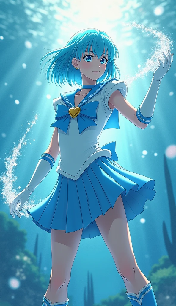 "Generate an image of Ami Mizuno from Sailor Moon in her Super Sailor Mercury form. She should be standing confidently, with her short blue hair styled in a sleek bob. Her outfit is a white sailor-style uniform with a blue collar, a light blue bow on her chest with a golden heart-shaped brooch, and a pleated skirt. She wears knee-high blue boots and white gloves with blue accents. She should be holding her Aqua ,(wind lift upskirt :1.6), with water elements swirling around her. The background should be an underwater scene, with shimmering light filtering through, creating a calm and serene atmosphere.", high quality, (RAW photo, best quality), (realistic, photorealistic: 1.4), (extremely delicate and beautiful: 1.4), amazing, fine details, masterpiece, ultra detailed, high resolution, best illustration, best shadow, intricate, ( extremely intricate: 1.2), (exquisitely detailed skin), cinematic light, perfect anatomy, (cool color: 1.4), sharp focus, 8k UHD, DSLR, (Fujifilm XT3),(iluminación cinematográfica :1.4), (pose americano :1.4), (skirt lifted by itself: 1.4 ), (skirt lift: 1.4 ), (showing white panties: 1.4 ), (colores brillantes), (mostrando panties lingerie :1.4), (estilo encaje lingerie transparente :1.4), (6D:1.4 ),( sexy pose sensual seductive :1.4), (poses de brazzers, playboy, OnlyTease, pornworld),( upskirt :1.4)