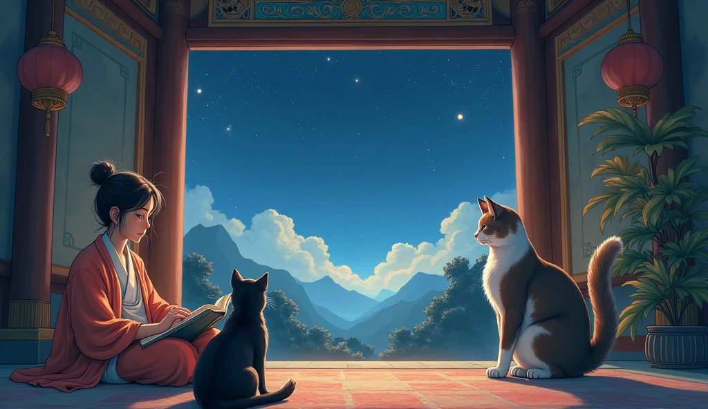 give me 2 cats seeing the Asian owner sitting reading a book with the window of the ancient temple open in the beautiful night in the sky