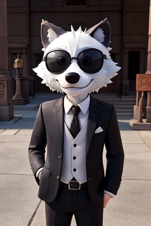 A wear wolf wearing sunglasses and black suit