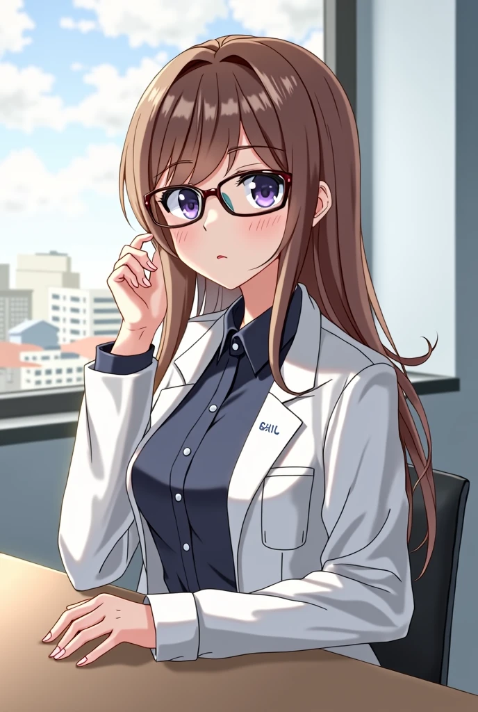 anime character of a woman in a lab coat and glasses, (hair swept bangs:1.3), (long brown hair:1.3), sitting beside a window with table, with a lab coat, wearing lab coat and a blouse, doctor, wearing a labcoat, full body illustration, anime style, from girls frontline, fine details. girls frontline, girls frontline universe, girls frontline style, girls frontline, girls frontline cg, soft anime illustration, 2 0 2 2 anime style, 2022 anime style, pixiv contest winner, pretty anime character design, render of april
