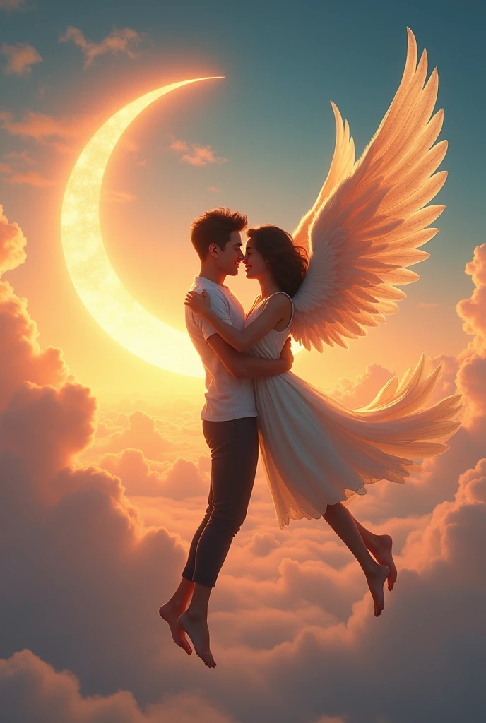 A 20 year's old couple flying in the sky with wings, and kissing, "Akash" name boy side, and "Pooja" name girl side, and left side sun and right side moon, 4k quality image.