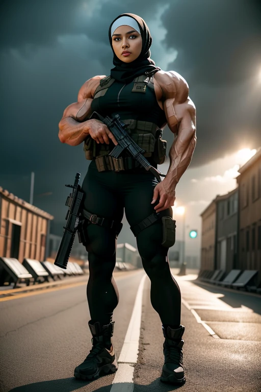 Photorealistic, high resolution, 1 malay woman in hijab, Solo, Hips up, Gaza background,view the viewer, (Detailed face), White hijab, SWAT vests, sniper rifle handle, Black military uniform, bulletproof vest, Holding an assault rifle, M16, Inside the city of Palestine, Very detailed, Perfect face, Black eye, jewelry, (full body view), Lifelike, masterpiece, HDR, 4K