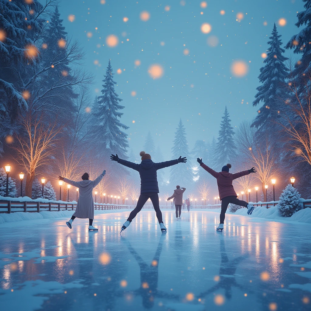 beautiful detailed winter landscape, snow covered ice rink, elegant ice skaters performing graceful moves, magical light particles sparkling in the air, (best quality,8k,highres,masterpiece:1.2),ultra-detailed,(realistic,photorealistic,photo-realistic:1.37),intricate details,dramatic lighting,cinematic composition,vibrant colors,stunning winter scenery