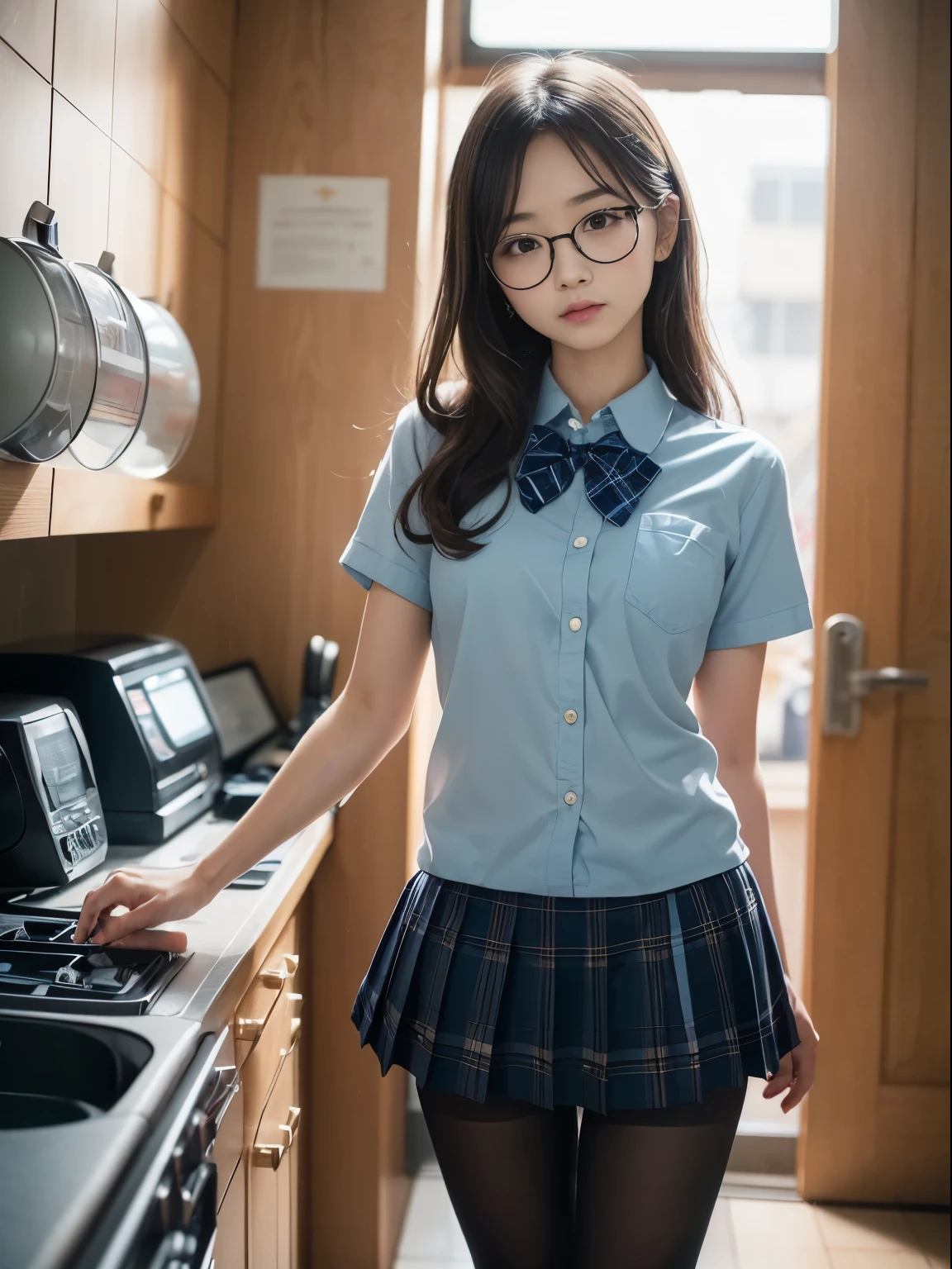 (8k、生photograph、 Highest quality、masterpiece:1.2)、(Small eyes)、((Black Pantyhose))、((Small breasts)、(Small breasts)、(Small breasts)、(Cutting board)、(Half an eye))、((Sleepy eyes))、((Squint your eyes))、(Round Glasses)、Droopy eyes、One person、cute、JK、high school girl、Japanese women、(Are standing)、(PhotoReactive:1.37)、Photon Mapping、Real、(Very delicate face)、round face、cute小さな顔、Brown eyes、(Red bow tie)、Radio City、Physically Based Rendering、Prospect、Character boundary depth、Blurred Background、photograph、、body、Beautiful feet、Long legs、Thin legs、(前hairが見える)、hair、lips、Blue_The目、Soft Nose、(Light blue shirt)、(Navy, blue and white plaid pleated skirt)、High school uniforms、See-through clothing、Thighs、black cotton socks、Nogizaka Idol、Japanese Idol