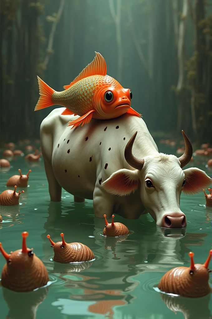 Fisch crawling on a cows back while they are at the pool full with slugs that are shitting