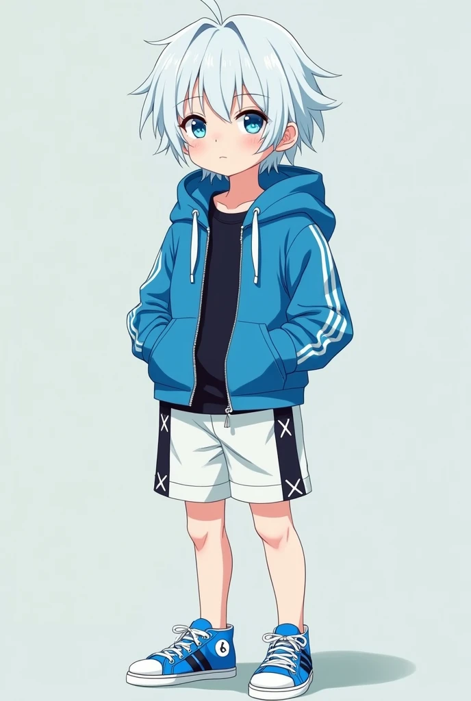 (anime)A beautiful white-skinned child, White hair, and blue eyes.
He is wearing a blue hooded jacket, and underneath a black shirt.
He has white shorts with two vertical black stripes on the sides., and he has blue tennis shoes with a black x on them.