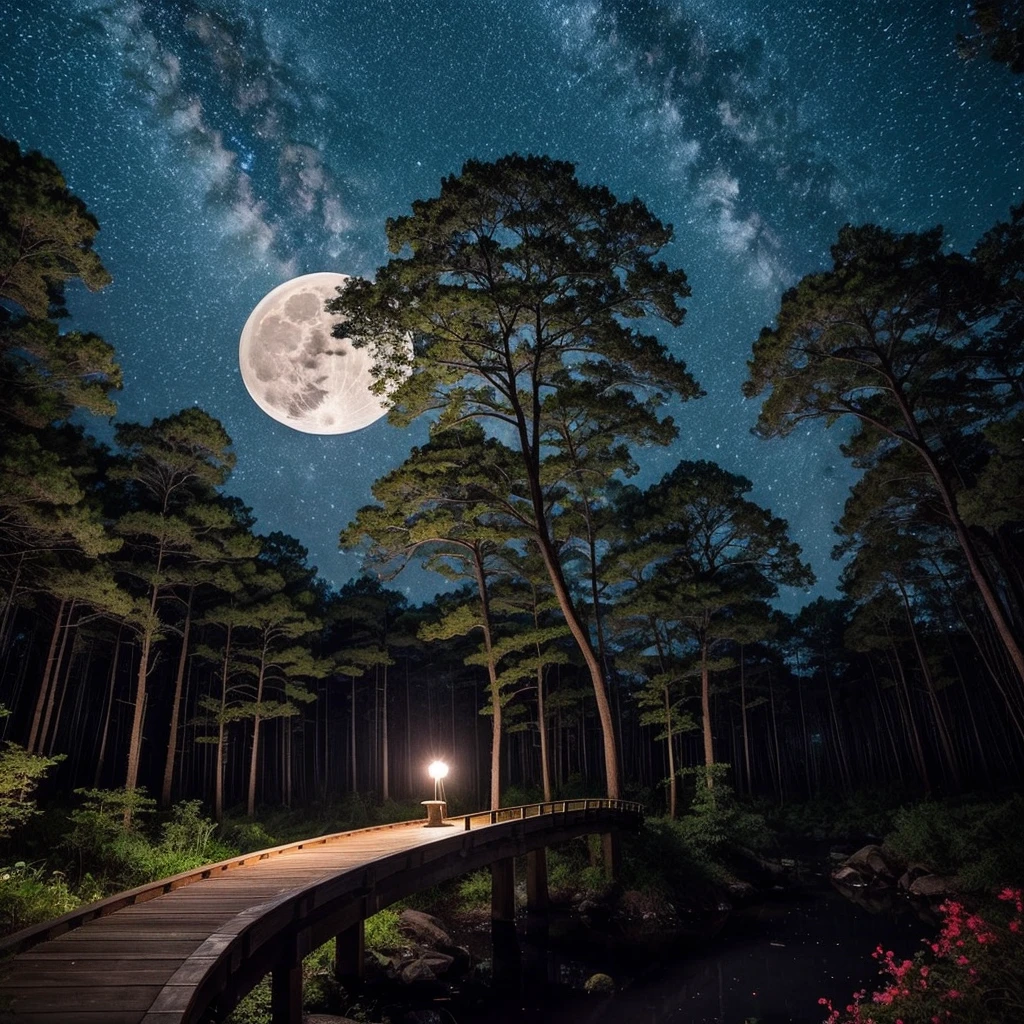 Full moon night、Over the mysterious forest、My Neighbor Totoro is flying through the sky with a red umbrella. The sky is full of stars.